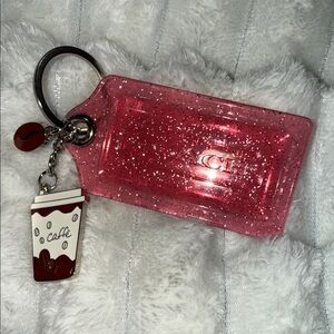 Coach poppy  big Pink Glitter Keychain with Coffee Charm